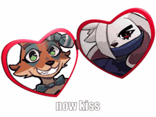 a heart shaped mirror with a picture of a fox and a picture of a man with the words now kiss below it