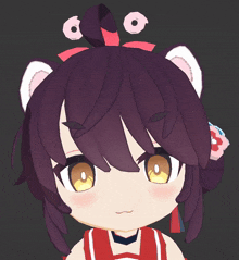 a close up of a cartoon character 's face with purple hair