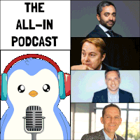a penguin wearing headphones sits in front of a microphone with the words " the all-in podcast " below it