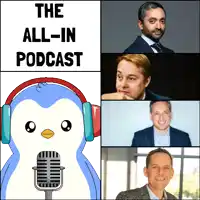 a penguin wearing headphones sits in front of a microphone with the words " the all-in podcast " below it