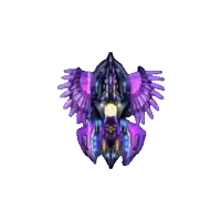 a purple and blue object with wings and a light on it