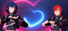 a couple of anime characters making a heart shape with their hands