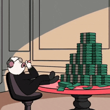 a cartoon of a panda sitting at a table with a pile of money on it