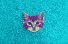 a purple and yellow cat 's head is sitting on a blue surface .