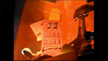 a cartoon drawing of a robot holding a hammer in front of an orange wall