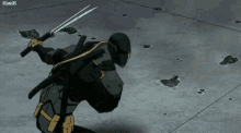 a cartoon character is holding two swords in his hands while standing on the ground .
