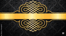 a black and gold background with a gold banner