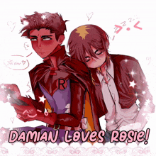 a drawing of damian and rosie with the words damian loves rosie above them