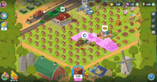 a screenshot of a video game shows a farm with a few buildings