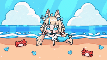 a cartoon drawing of a girl on the beach with crabs