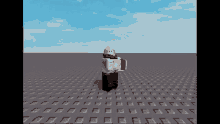 a cartoon character is standing on a gray tile floor with a blue sky behind them
