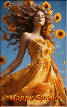 a woman in a yellow dress is surrounded by sunflowers and has the words happy spring written below her