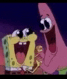 spongebob and patrick are laughing together in a spongebob squarepants cartoon .