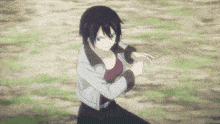a girl with purple hair and a white jacket is kneeling down in a field