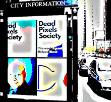 a city information sign with dead pixels society