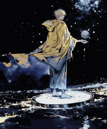 a drawing of a man in a yellow cape holding a globe that says ' smite ' on it