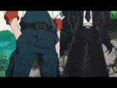 a man and a woman are standing next to each other and the woman is wearing black pants