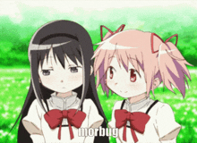 two anime girls are standing next to each other and the word morbug is on the bottom right