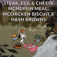 a cartoon of snoopy having a picnic with the words steak egg and cheese