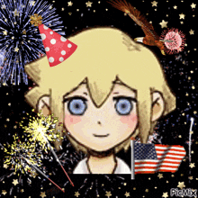 a picture of a girl wearing a party hat with fireworks and an american flag