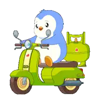 a penguin is riding a green scooter with a propane tank on the back