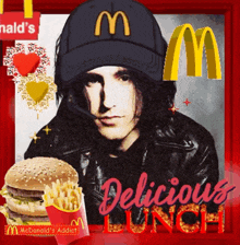 a man wearing a mcdonald 's hat with a hamburger and french fries in front of him