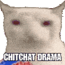 a white cat with red eyes and the words chitchat drama on its face