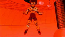 a cartoon character with bandages on his arms and legs is flying through the air in a red room