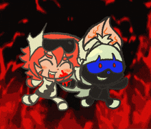a drawing of a cat and a girl with red hair