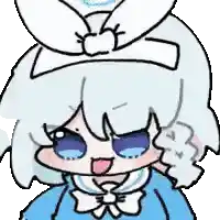 a cartoon girl with blue eyes and white hair is wearing a blue dress and a white bow .
