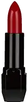a close up of a red lipstick in a black tube on a white background