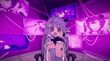 a girl with purple hair is sitting in a chair in front of purple walls