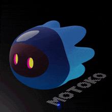 a blue cartoon character with a black face and yellow eyes