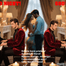 a man in a red jacket is playing a piano while a woman kisses him