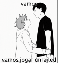 a black and white drawing of two men standing next to each other with the words vamos jogar unrailed below them .
