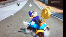 a cartoon character is driving a car with a gold coin on the back