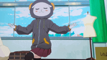 a girl in a sheep costume is standing in front of a window with her arms outstretched
