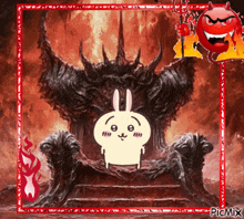 a picture of a bunny sitting on a throne with a devil behind it