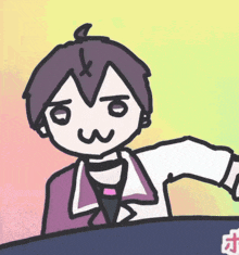 a cartoon drawing of a boy with a purple shirt and a white shirt