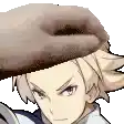 a pixel art of a boy wearing a hat with a donut on it .
