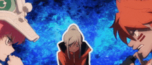 a girl with a ponytail is surrounded by two other anime characters with one of them wearing a hat with the letter g on it