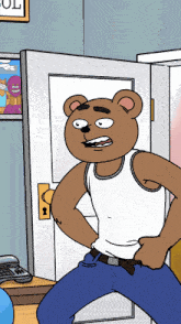 a cartoon of a bear standing in front of a door