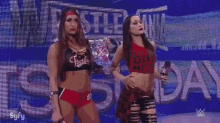 a woman is holding a microphone in a wrestling ring while standing next to another woman .