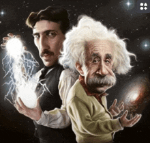 a drawing of tesla and albert einstein holding lightning bolts
