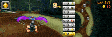 a video game shows a person flying a purple parachute and the number 8 on the screen