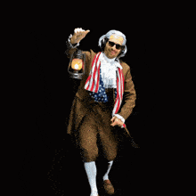 a man wearing a wig and sunglasses is holding a lantern