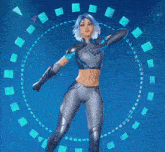 a woman in a futuristic outfit is standing in a circle of blue squares