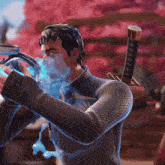 a man with a sword on his back is blowing blue smoke out of his mouth