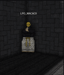 a cartoon of a man sitting in a corner with the name lpo_macaco on the bottom