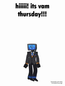 a cartoon of a man in a suit and tie with a monitor head is dancing on thursday